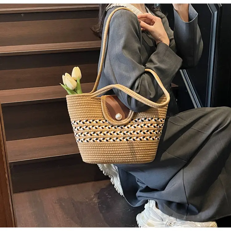 Women's Distinctive Braided Bucket Bag with Pearl Button — feature 14