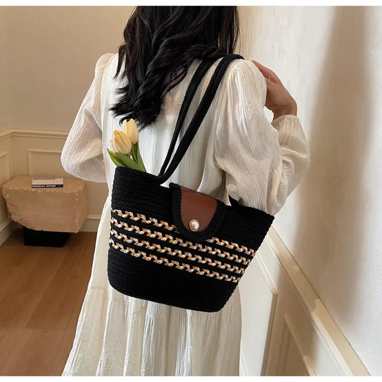 Women's Distinctive Braided Bucket Bag with Pearl Button — feature 15