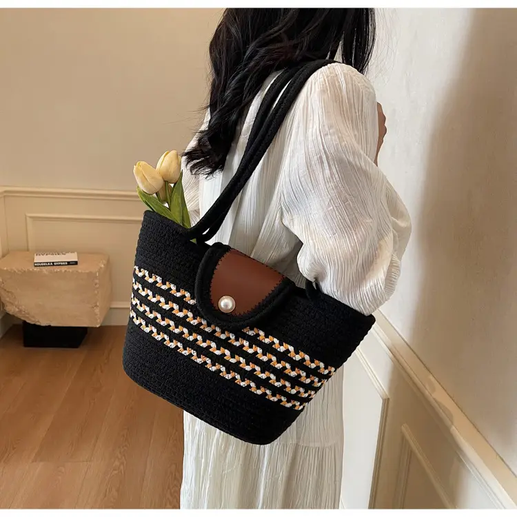 Women's Distinctive Braided Bucket Bag with Pearl Button — feature 16