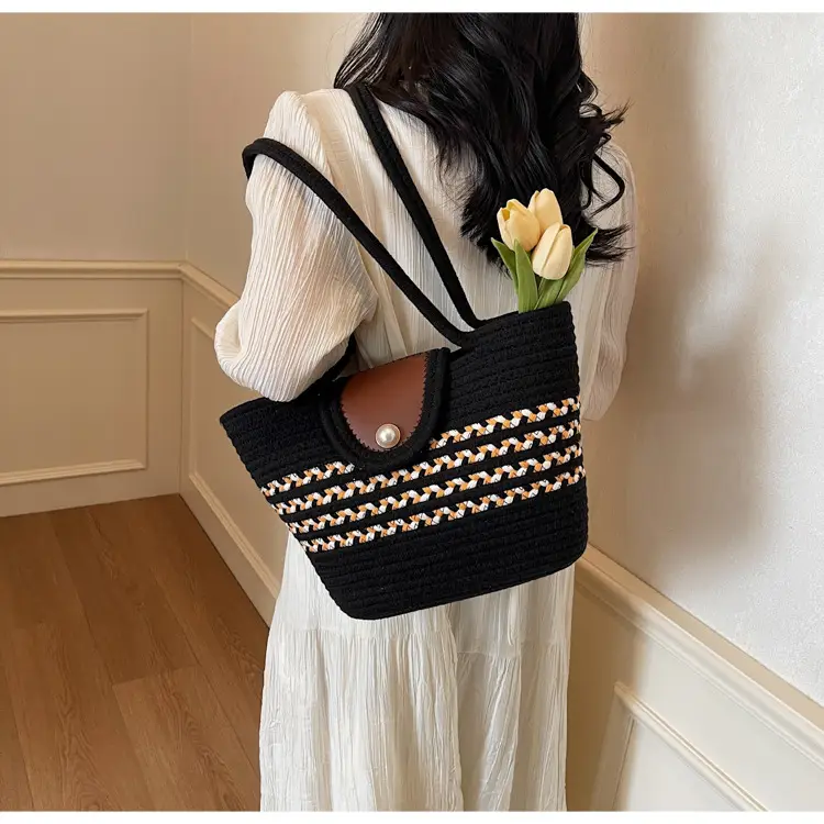 Women's Distinctive Braided Bucket Bag with Pearl Button — feature 17