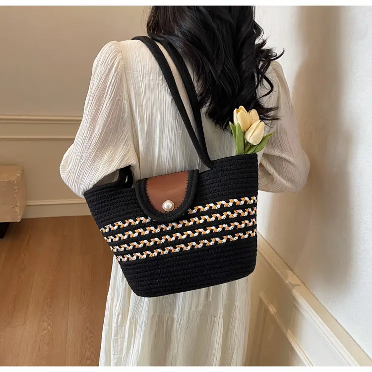 Women's Distinctive Braided Bucket Bag with Pearl Button — feature 18