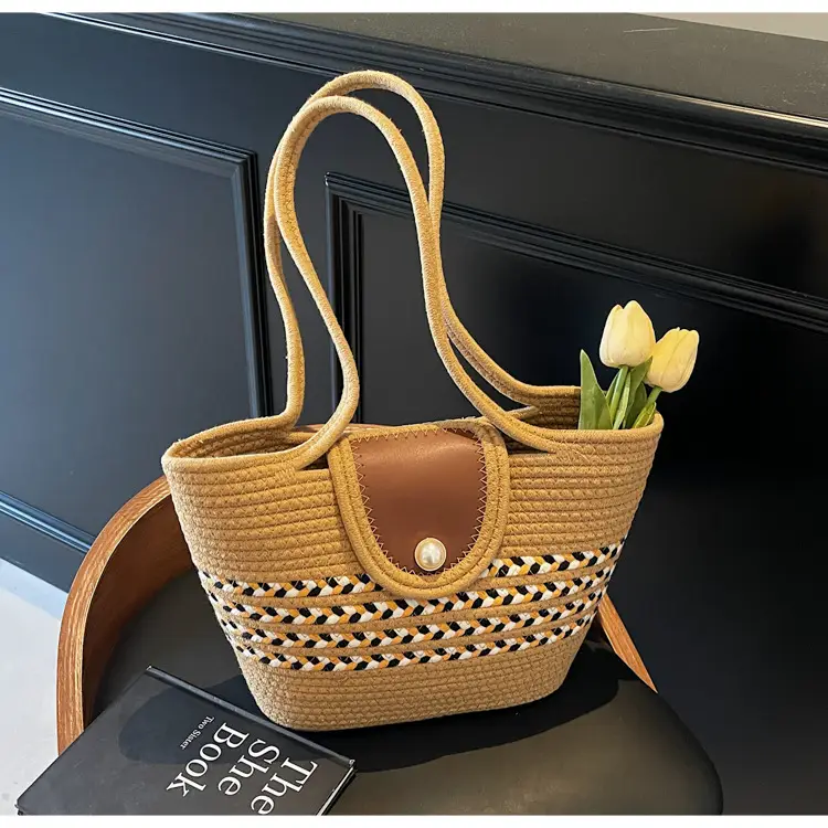Women's Distinctive Braided Bucket Bag with Pearl Button — feature 19