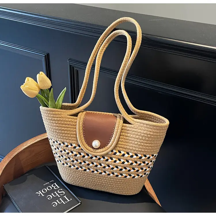 Women's Distinctive Braided Bucket Bag with Pearl Button — feature 20