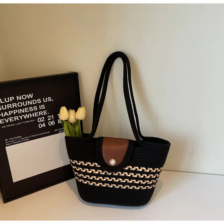 Women's Distinctive Braided Bucket Bag with Pearl Button — feature 21