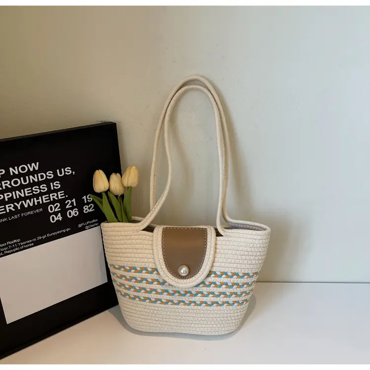 Women's Distinctive Braided Bucket Bag with Pearl Button — feature 23