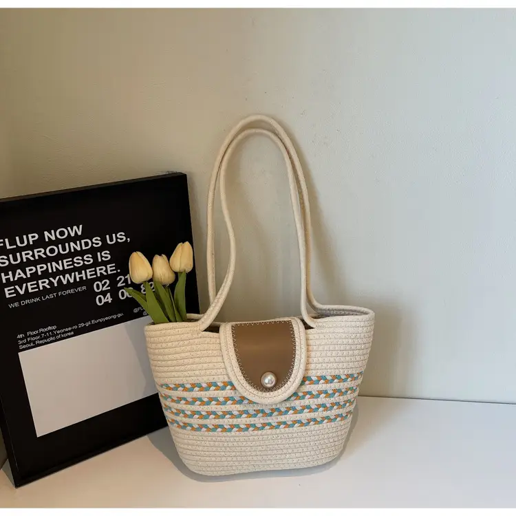 Women's Distinctive Braided Bucket Bag with Pearl Button — feature 24
