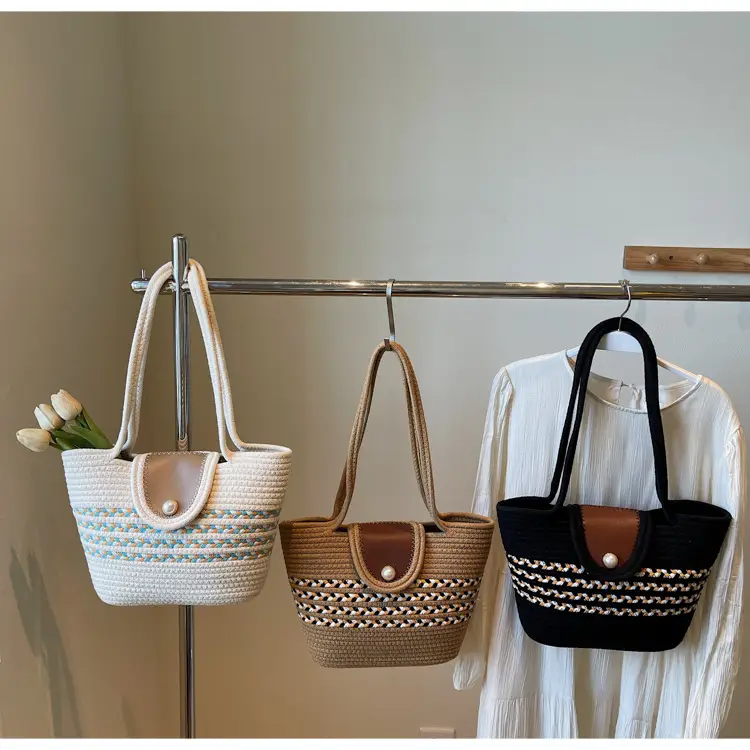 Women's Distinctive Braided Bucket Bag with Pearl Button — feature 25