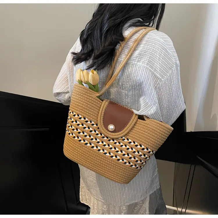 Women's Distinctive Braided Bucket Bag with Pearl Button — feature 7