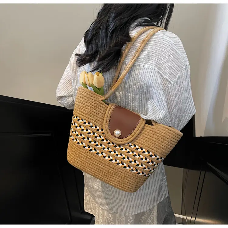Women's Distinctive Braided Bucket Bag with Pearl Button — feature 8