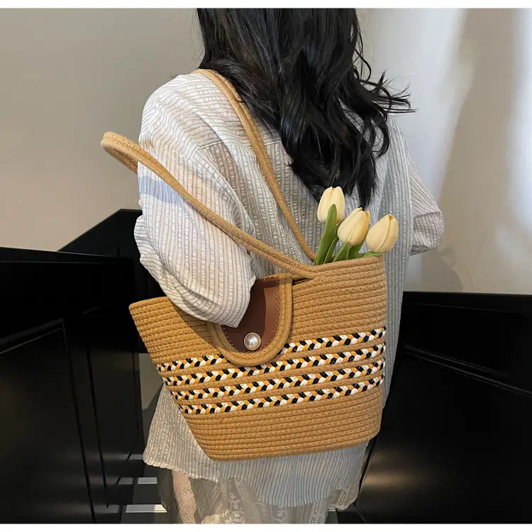 Women's Distinctive Braided Bucket Bag with Pearl Button — feature 9