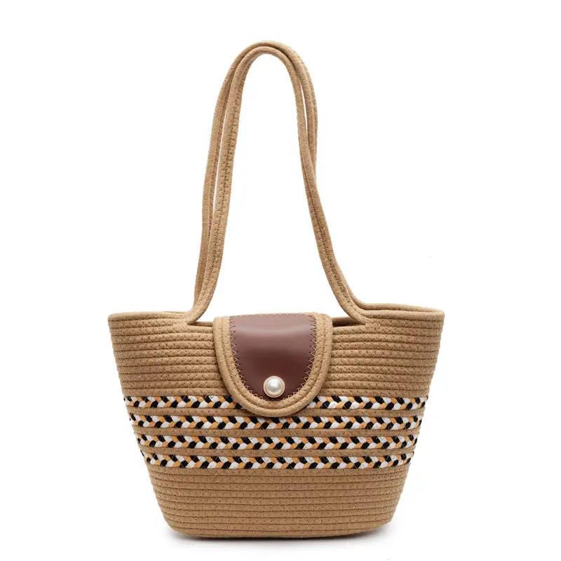 Women's Distinctive Braided Bucket Bag with Pearl Button - Image 3