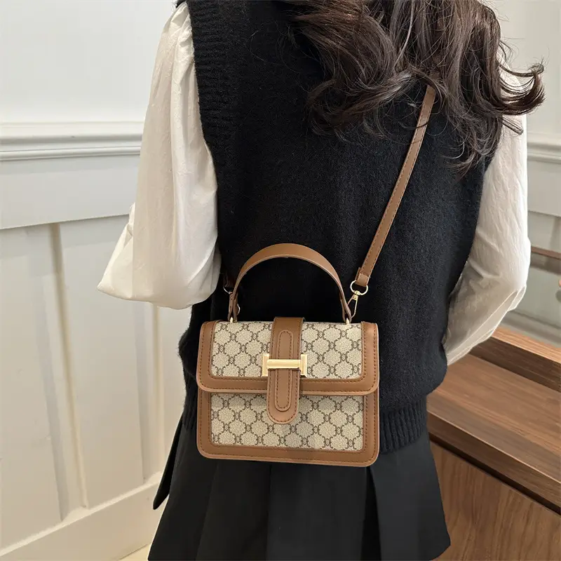 Vintage Stitching Handbag Women's Brown White GG Print Shoulder Crossbody - Image 5