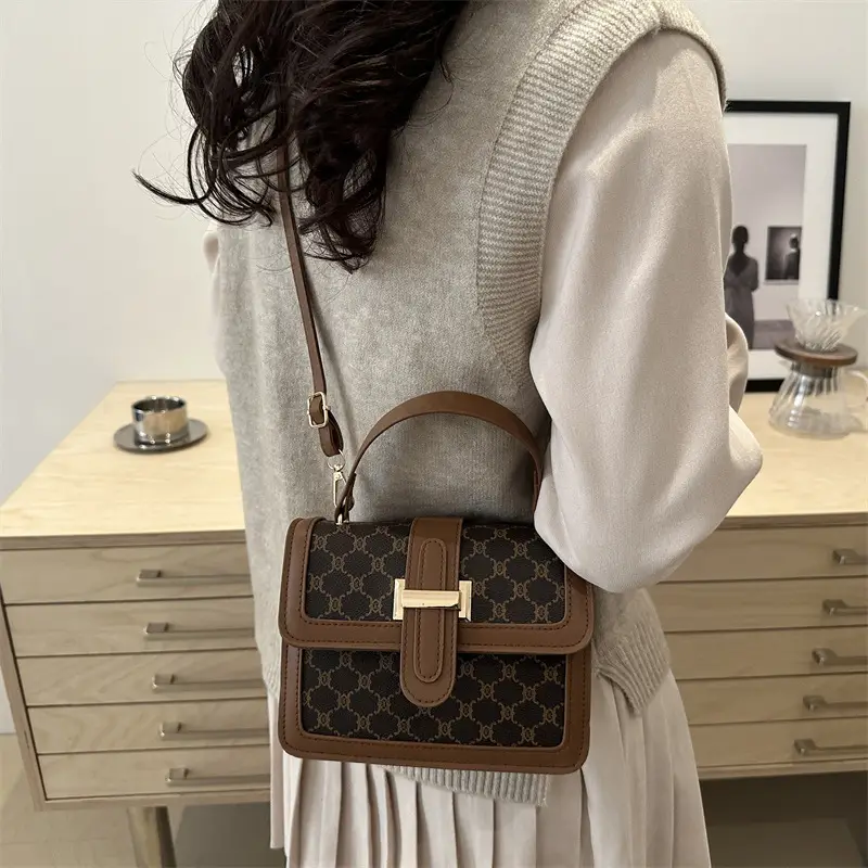 Vintage Stitching Handbag Women's Brown White GG Print Shoulder Crossbody - Image 6