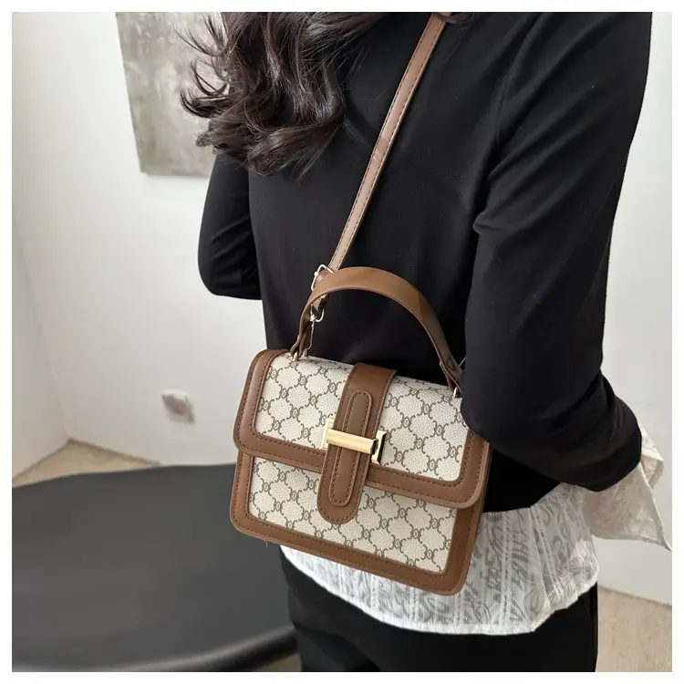 Vintage Stitching Handbag Women's Brown White GG Print Shoulder Crossbody — feature 10