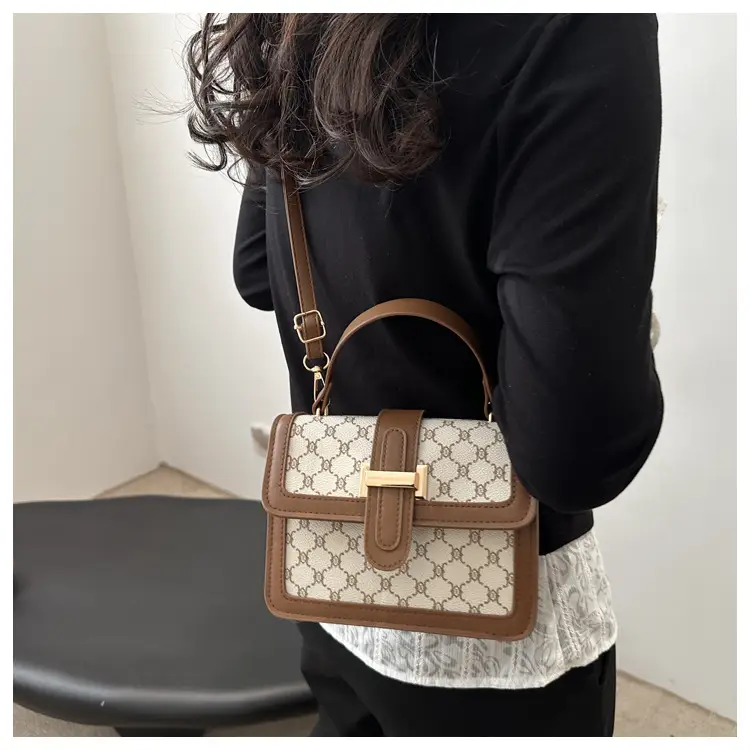 Vintage Stitching Handbag Women's Brown White GG Print Shoulder Crossbody — feature 13