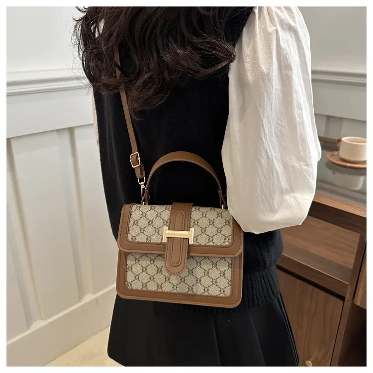 Vintage Stitching Handbag Women's Brown White GG Print Shoulder Crossbody — feature 16