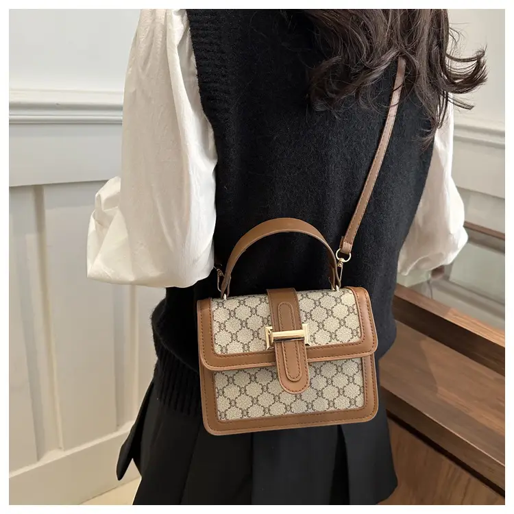 Vintage Stitching Handbag Women's Brown White GG Print Shoulder Crossbody — feature 17