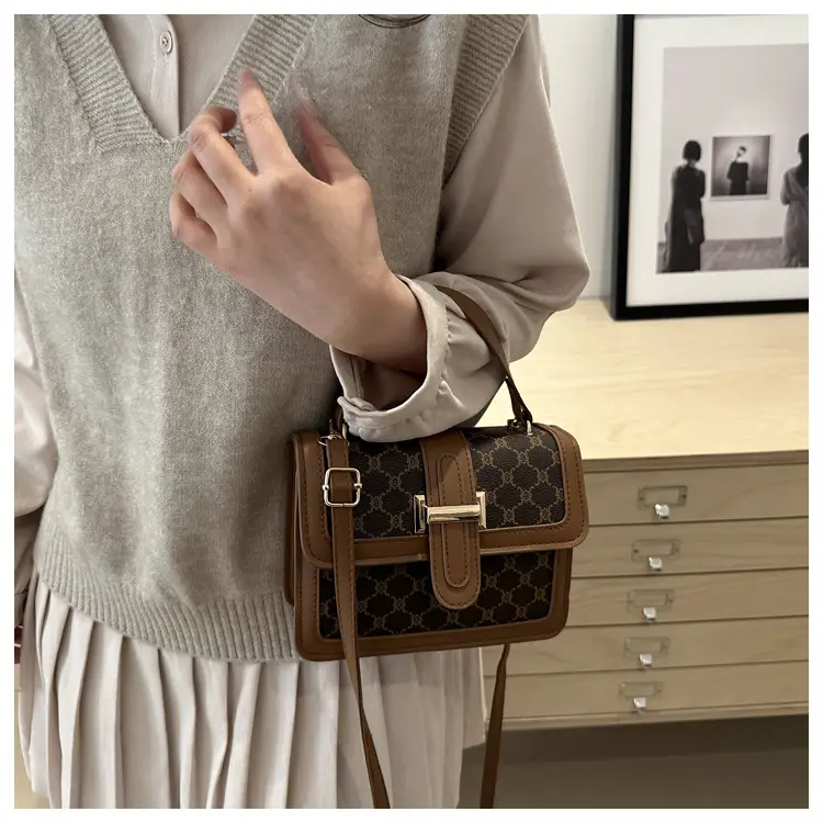 Vintage Stitching Handbag Women's Brown White GG Print Shoulder Crossbody — feature 18