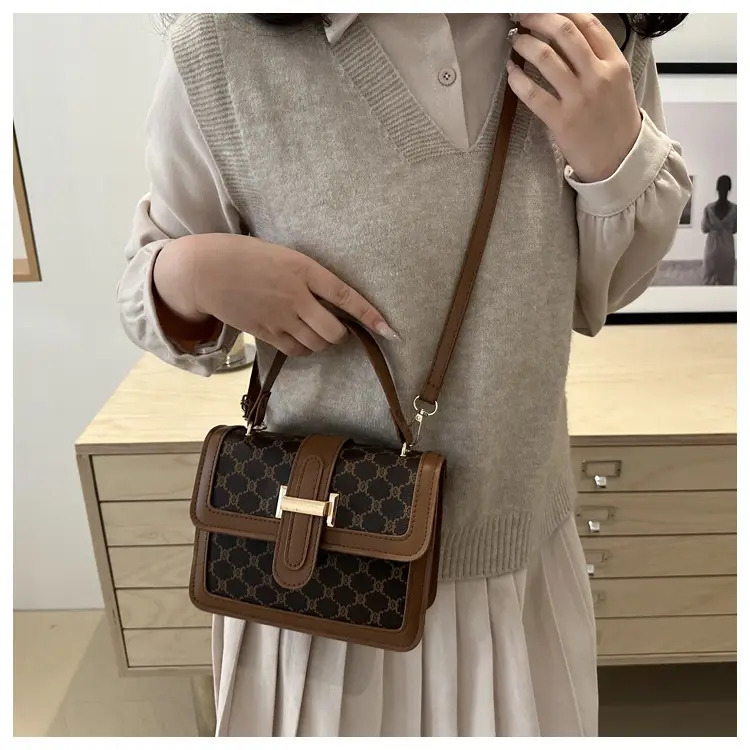 Vintage Stitching Handbag Women's Brown White GG Print Shoulder Crossbody — feature 19