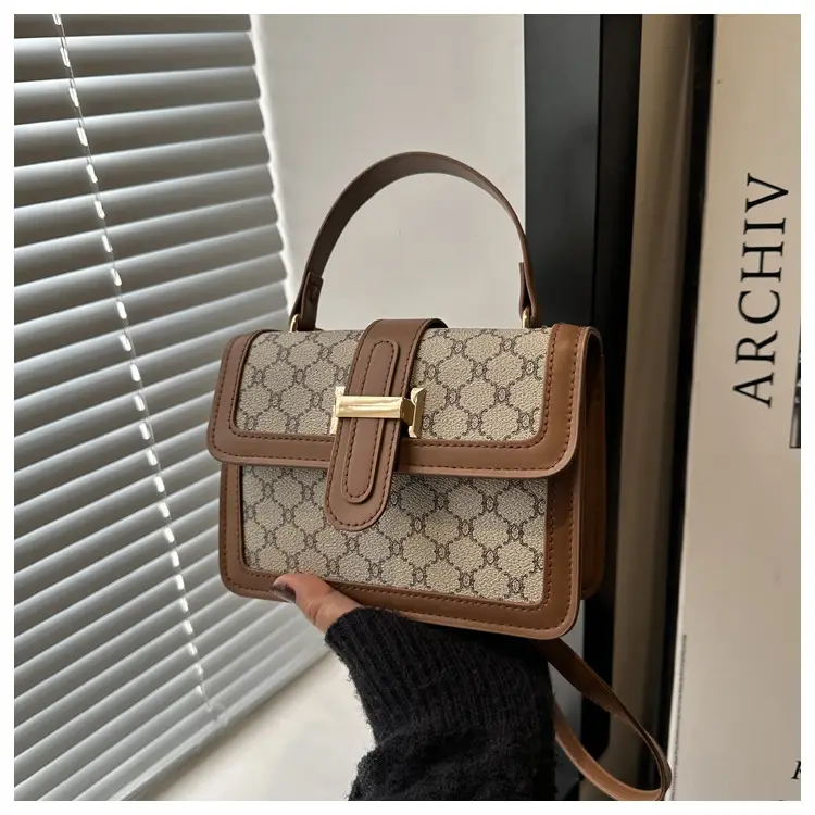 Vintage Stitching Handbag Women's Brown White GG Print Shoulder Crossbody — feature 24