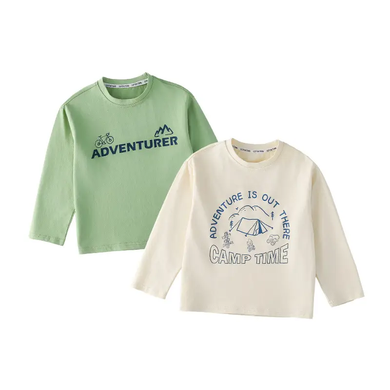 Kids Long Sleeve T-Shirt Set Cotton Green Cream Spring Fall
