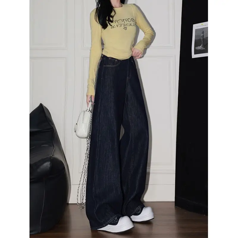Korean Style Women Dark Blue Wide Leg Denim Pants