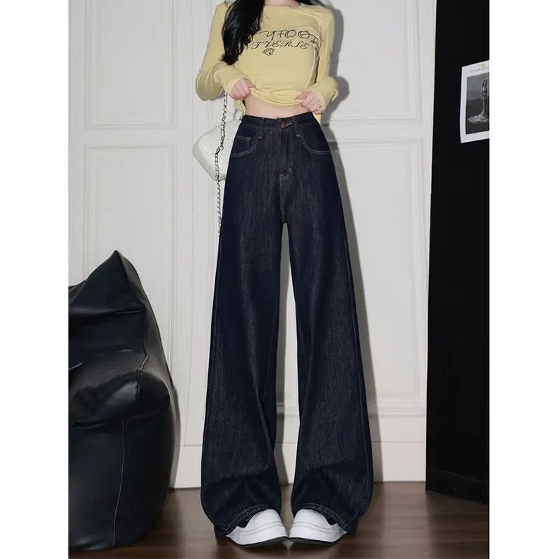 Korean Style Women Dark Blue Wide Leg Denim Pants