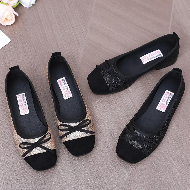 French Style Sequin Flat Women's Shoes with Bow - Image 4