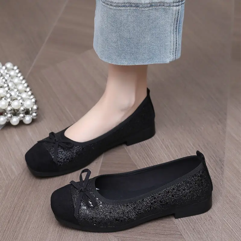 French Style Sequin Flat Women's Shoes with Bow - Image 5