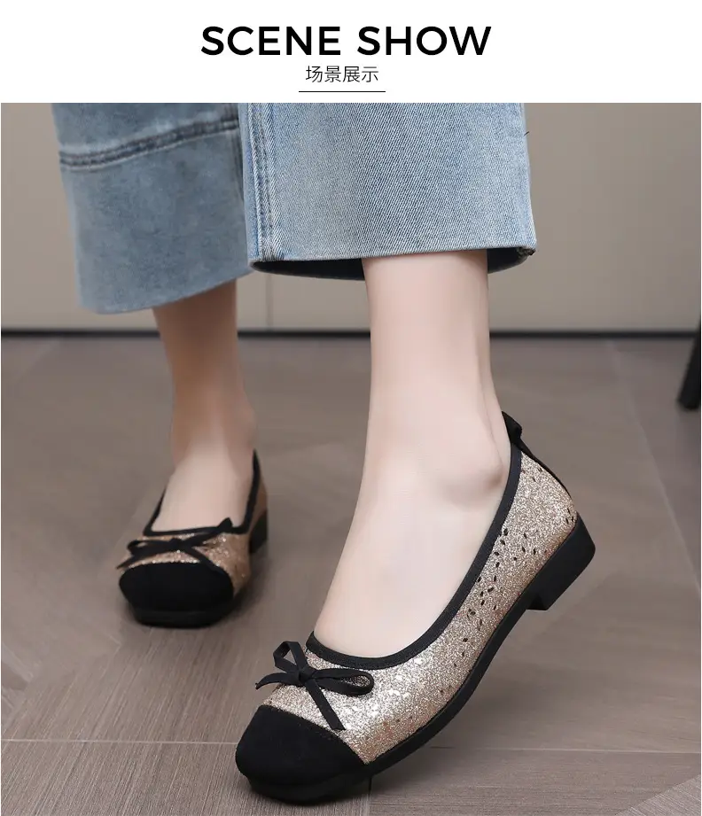 French Style Sequin Flat Women's Shoes with Bow — feature 12