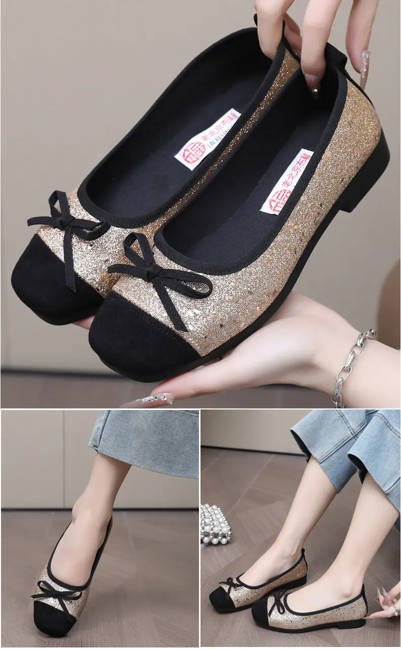 French Style Sequin Flat Women's Shoes with Bow — feature 13