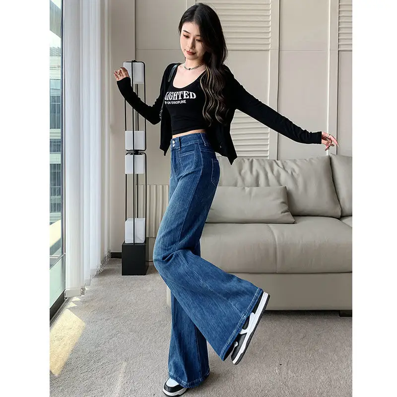 Women Wide Leg Pants Dark Blue Stretch Loose Fit 2025