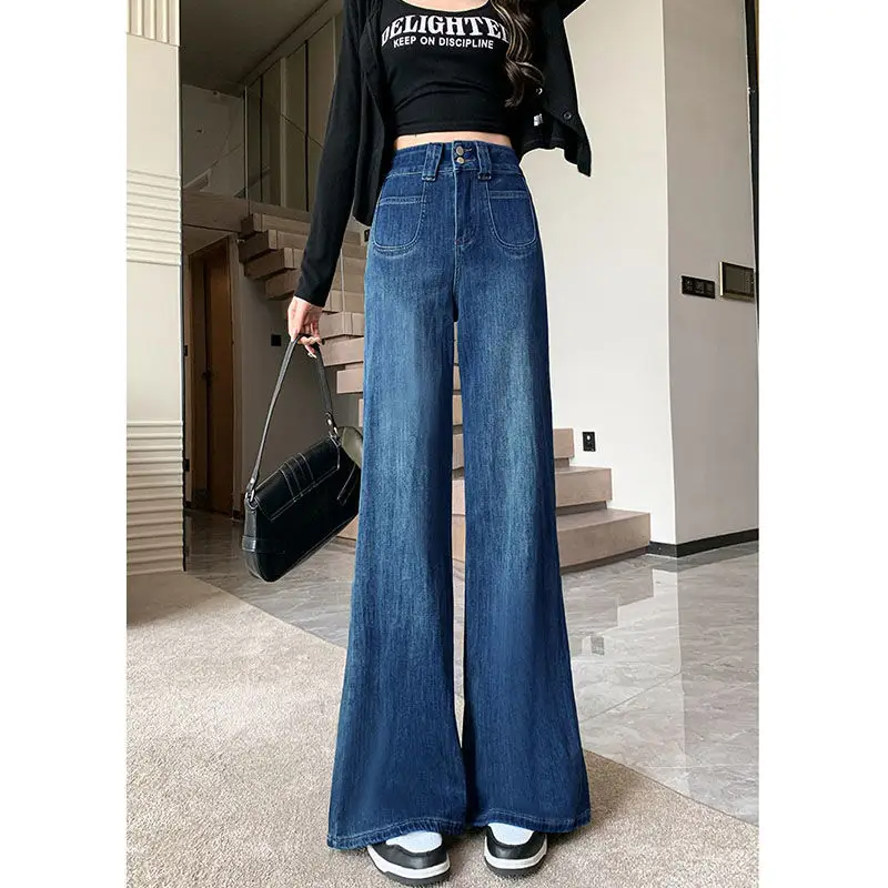Women Wide Leg Pants Dark Blue Stretch Loose Fit 2025
