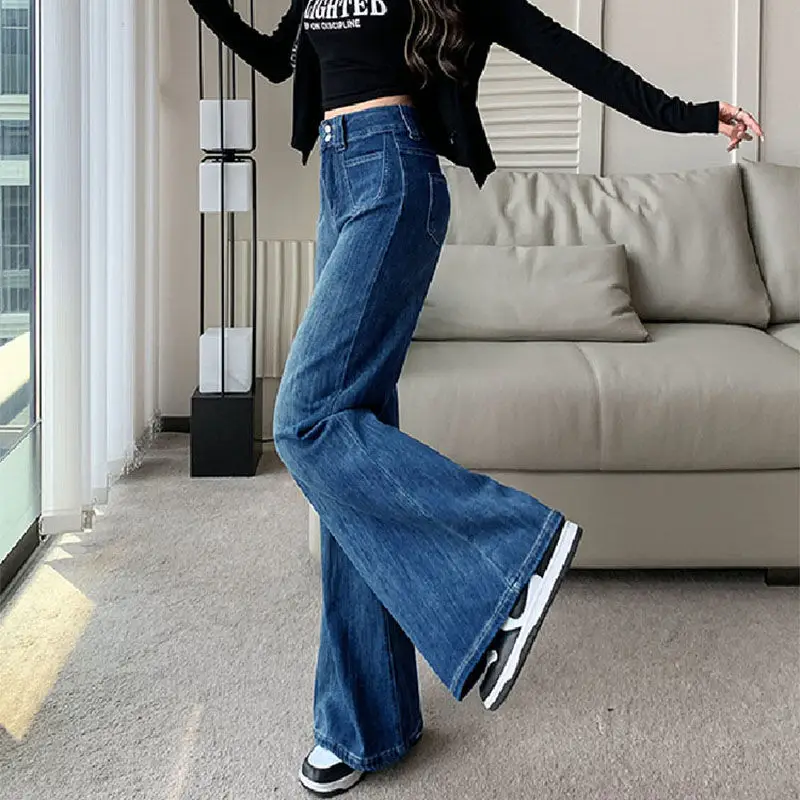 Women Wide Leg Pants Dark Blue Stretch Loose Fit 2025