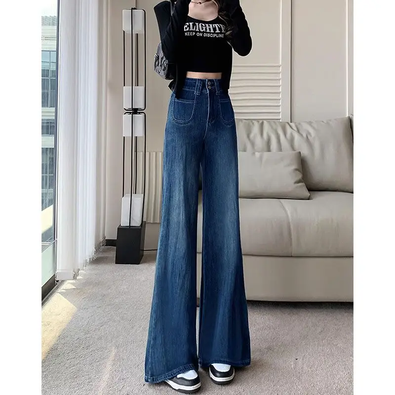 Women Wide Leg Pants Dark Blue Stretch Loose Fit 2025