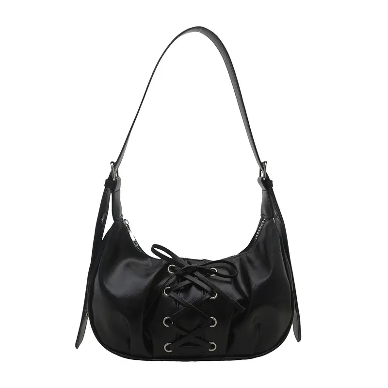Black PU Lace-Up Bow Shoulder Bag for Women - Image 8