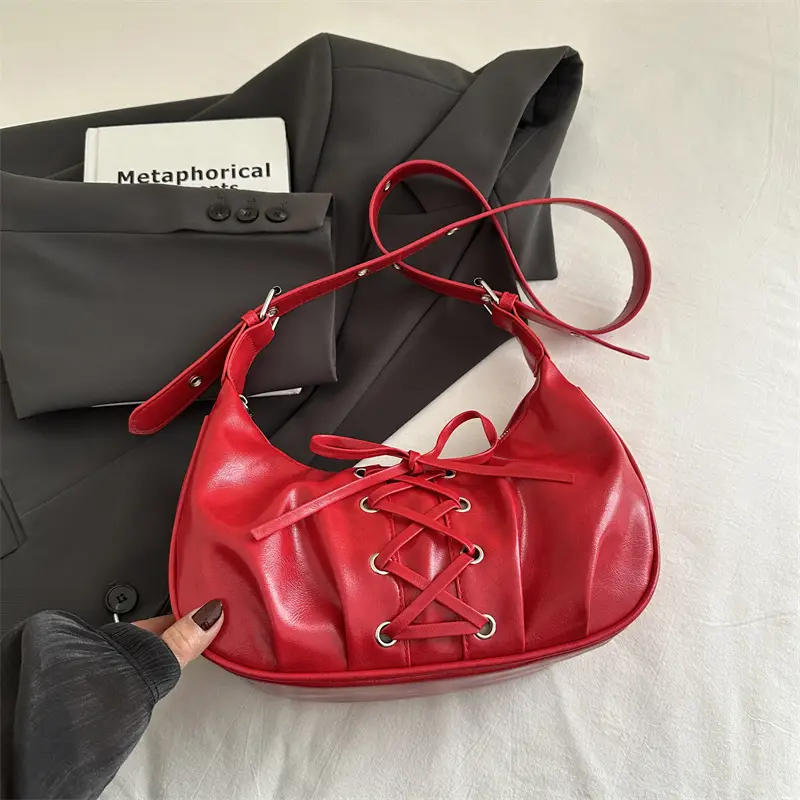 Black PU Lace-Up Bow Shoulder Bag for Women - Image 3