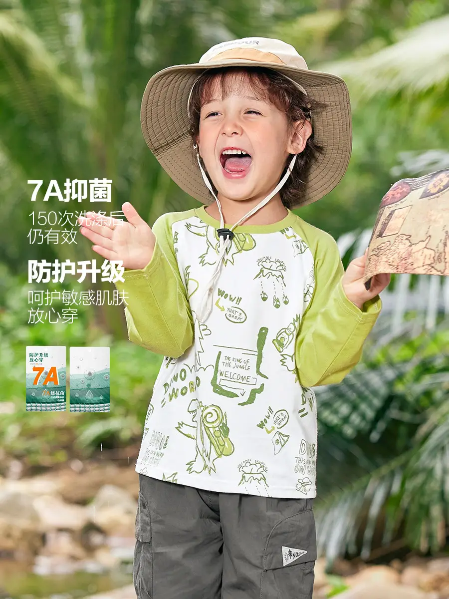 Boys Antibacterial Cotton Long Sleeve T-Shirt Green White - Image 4