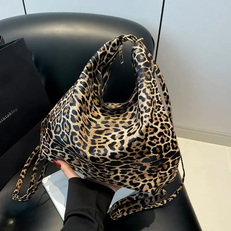 Leopard Print Soft Leather Bucket Bag for Women