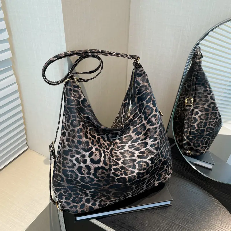 Leopard Print Soft Leather Bucket Bag for Women