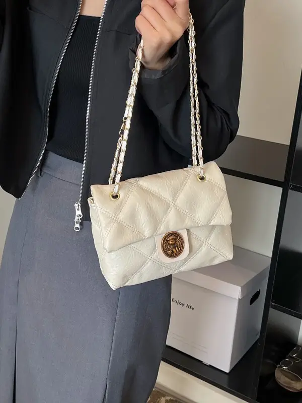 Women's Crossbody Bag with Rhombic Chain & Gold Logo - Image 6