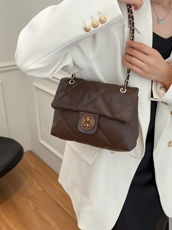 Women's Crossbody Bag with Rhombic Chain & Gold Logo - Image 7