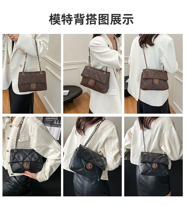 Women's Crossbody Bag with Rhombic Chain & Gold Logo — feature 6