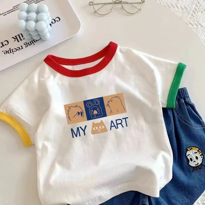 2025 New Baby Summer Cartoon T-Shirt White Cotton Half Sleeve