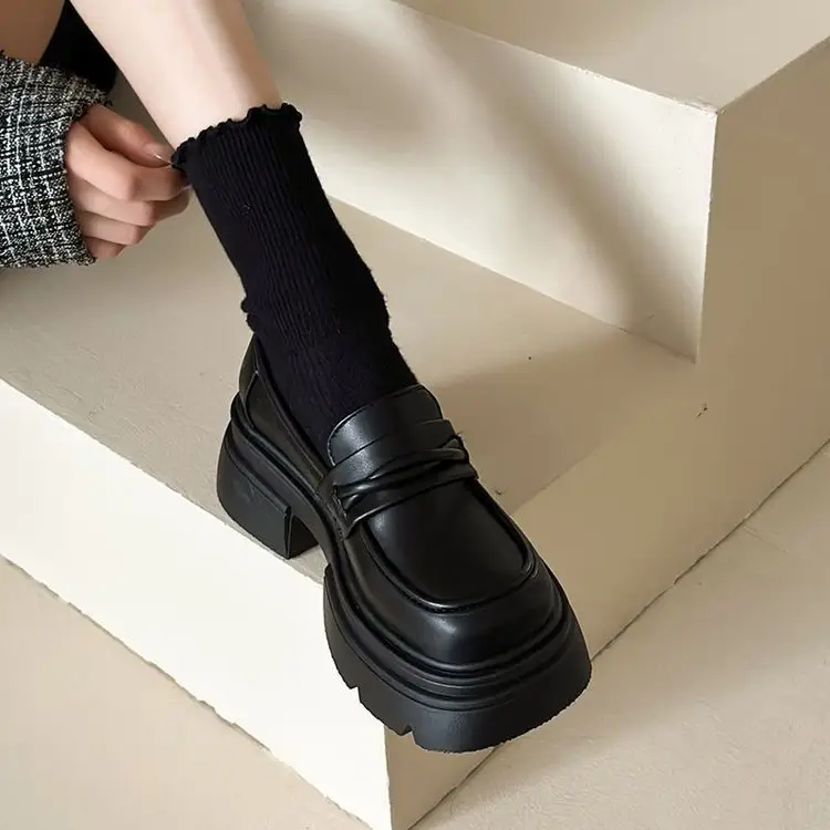French Thick-soled Thick Heeled British Style Leather Shoes Women's 2025 New Spring Slip-on Shoes Black Loafers - Image 4