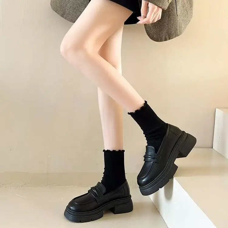 French Thick-soled Thick Heeled British Style Leather Shoes Women's 2025 New Spring Slip-on Shoes Black Loafers - Image 6