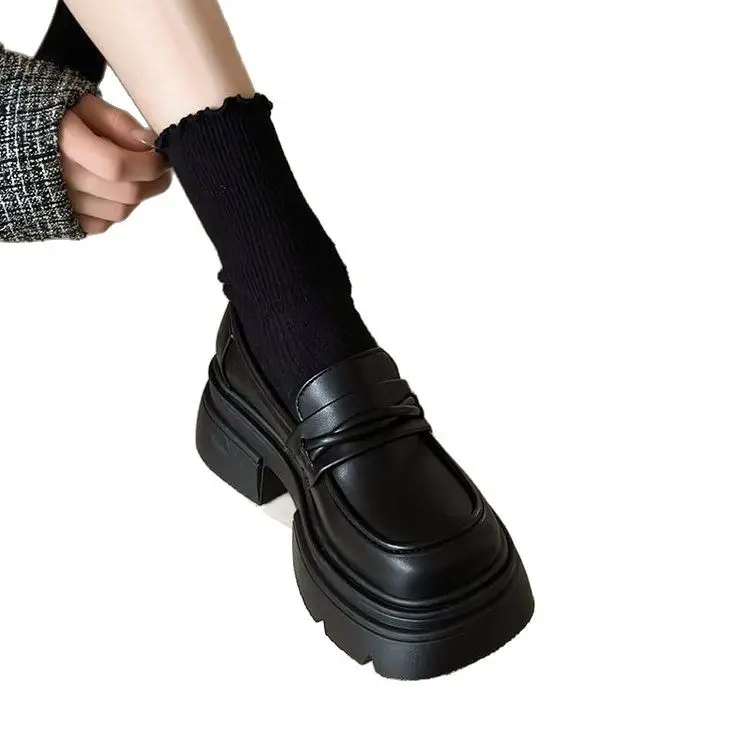 French Thick-soled Thick Heeled British Style Leather Shoes Women's 2025 New Spring Slip-on Shoes Black Loafers - Image 7