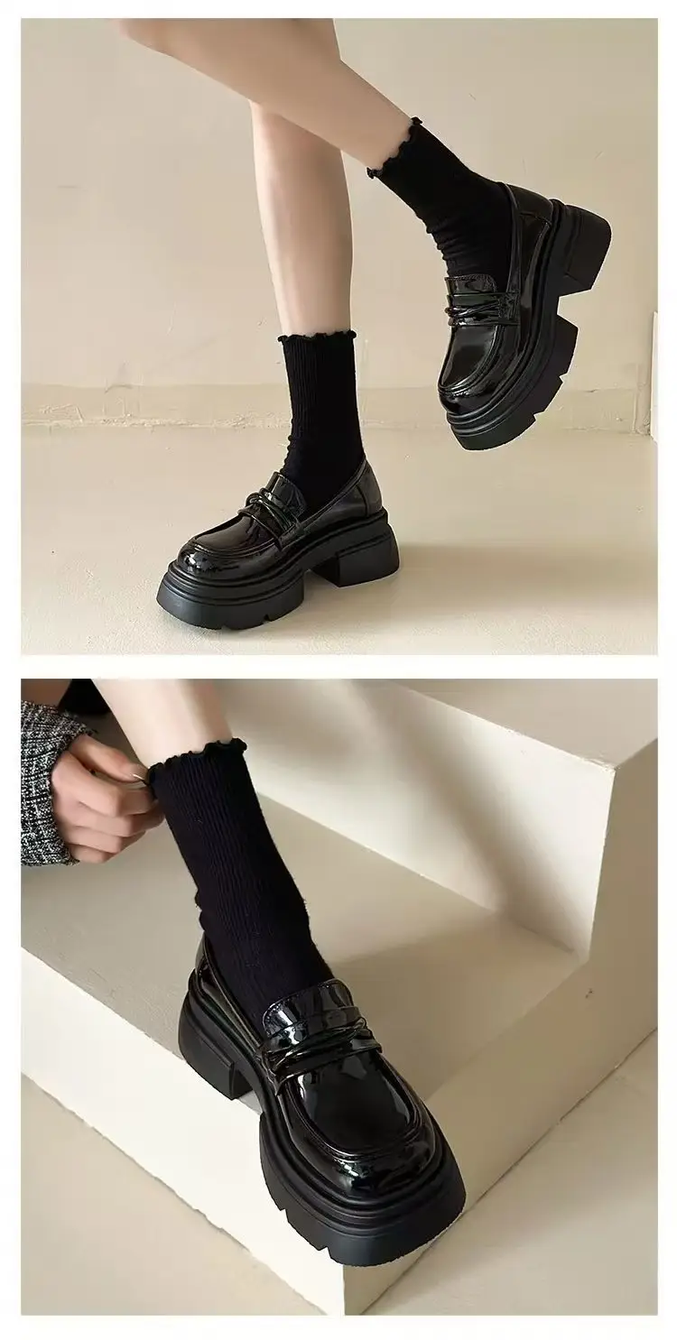 French Thick-soled Thick Heeled British Style Leather Shoes Women's 2025 New Spring Slip-on Shoes Black Loafers — feature 6