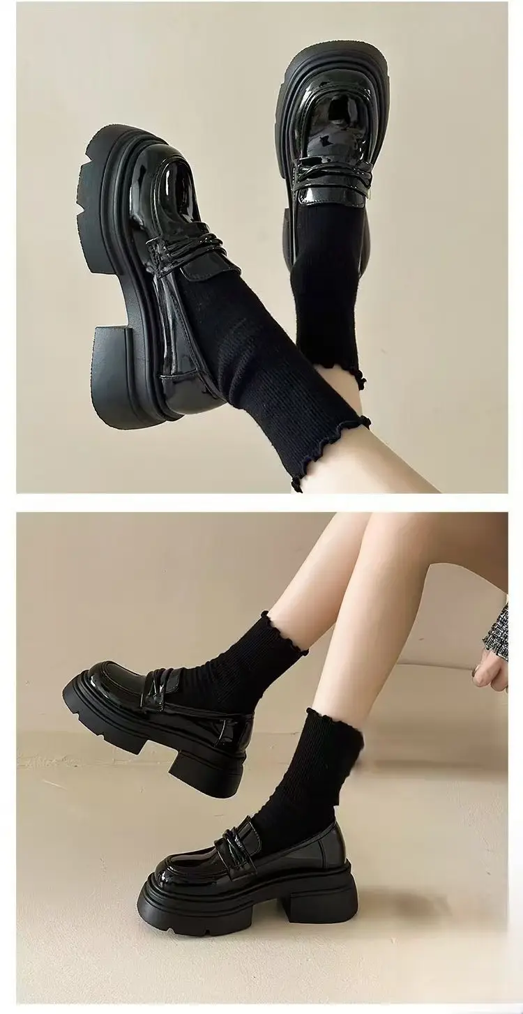 French Thick-soled Thick Heeled British Style Leather Shoes Women's 2025 New Spring Slip-on Shoes Black Loafers — feature 7