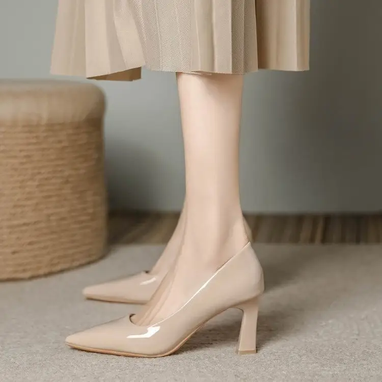 Nude High Heels Women's Thick Heel Soft Leather 2025 Spring New Elegant Pointed Toe Shoes with Skirts That Are Not Tiring for Feet 5cm Flats - Image 5